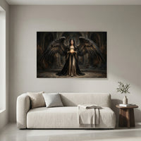 Dark Angel Stretched Canvas Wall Art, Gothic Fantasy Woman Print, Dramatic Statement Decor
