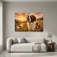 St. Bernard Dog Sunset Meadow Oil Painting Style Canvas Print Wall Art, Golden Hour - Mockup Display 4
