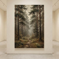 Misty Pine Forest Pathway Oil Painting Style Canvas Print Wall Art, Serene Decor - Mockup Display 4