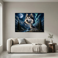 Majestic Husky Dog Oil Painting Style Moonlight Aurora Canvas Print Wall Art - Mockup Display 4