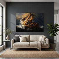 Rembrandt's Storm Sea Galilee Oil Painting Style Canvas Print Wall Art, Museum Quality - Mockup Display 4