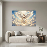 Serene Angel Figure Heavenly Rays Spiritual Art Canvas Print Wall Art, Divine - Mockup Display 4