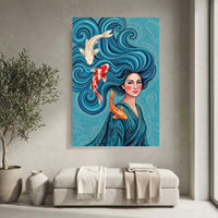 Vibrant Woman with Koi Fish Artistic Canvas Print Wall Art, Elegant Home Decor - Mockup Display 4
