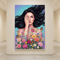 Vibrant Woman with Floral Butterflies Canvas Print Wall Art, Floral Beauty - Mockup Display 4