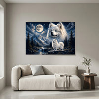 Fluffy White Samoyed Dogs Mountain Night Canvas Print Wall Art Decor - Mockup Display 4