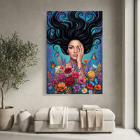Vibrant Woman with Flowing Hair and Flowers Canvas Print Wall Art, Enchanting Decor - Mockup Display 4