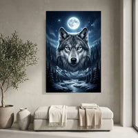Mystical Blue-Eyed Wolf & Winter Moonlight Forest Canvas Print Wall Art Decor - Mockup Display 4