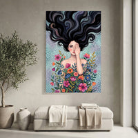 Mystical Woman with Vibrant Flowers Artistic Canvas Print Wall Art, Dreamy Portrait - Mockup Display 4