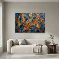 Bold Abstract Textured Palette Knife Canvas Print Wall Art, Blue Orange Gold - Mockup Display 4