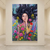 Mystic Woman Floral Canvas Print Wall Art with Flowing Hair, Vibrant Garden Style - Mockup Display 4
