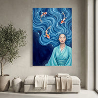 Serene Asian Woman with Flowing Blue Hair & Koi Fish Canvas Print Wall Art - Mockup Display 4