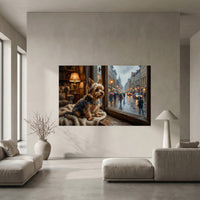 Yorkshire Terrier Stretched Canvas Wall Art, Rainy Window Dog Print, Cozy Living Room Decor