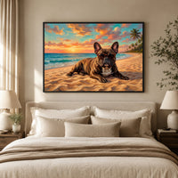 Cool French Bulldog Sunset Beach Oil Painting Style Canvas Print Wall Art for Dog Lovers - Mockup Display 5