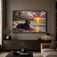 Rottweiler Dog Tropical Beach Sunset Oil Painting Style Canvas Print Wall Art Décor - Mockup Display 5
