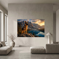 German Shepherd Dog Mountain Lake Sunset Oil Painting Style Canvas Print Wall Art, Majestic - Mockup Display 5