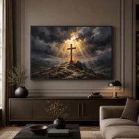 Dramatic Cross on Hill Oil Painting Style Canvas Print Wall Art, Spiritual Light - Mockup Display 5