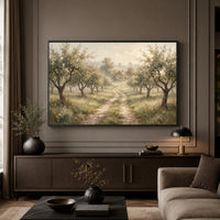 Misty Orchard Path Oil Painting Style Canvas Print Wall Art, Serene Landscape - Mockup Display 5