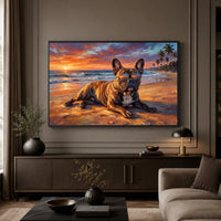 French Bulldog Sunset Beach Oil Painting Style Canvas Print Wall Art, Vibrant - Mockup Display 5
