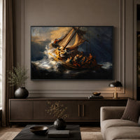 Rembrandt's Storm Sea Galilee Oil Painting Style Canvas Print Wall Art, Museum Quality - Mockup Display 5