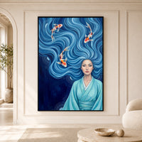 Serene Asian Woman with Flowing Blue Hair & Koi Fish Canvas Print Wall Art - Mockup Display 5