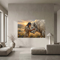 Native American Woman White Buffalo Oil Painting Style Canvas Print Wall Art Serene - Mockup Display 5