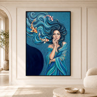 Mystical Woman & Koi Fish Oil Painting Style Canvas Print Wall Art, Serene Decor - Mockup Display 5