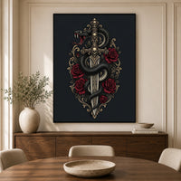 Gothic Snake & Skull Sword with Red Roses Illustrative Canvas Print Wall Art, Dark Fantasy Decor - Mockup Display 5