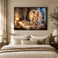 Guardian Angel Watching Child Oil Painting Style Canvas Print Wall Art, Serene Home Decor - Mockup Display 5