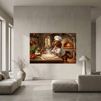 Dachshund Chef Making Pizza Oil Painting Style Canvas Print Wall Art for Kitchen - Mockup Display 5