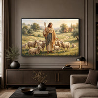 Good Shepherd Jesus Christ Oil Painting Style Canvas Print Wall Art, Serene Biblical Landscape - Mockup Display 5