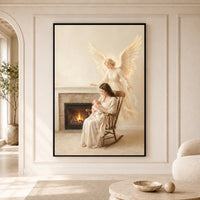 Serene Mother & Baby with Guardian Angel Oil Painting Style Canvas Print Wall Art - Mockup Display 5