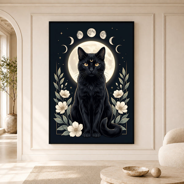 Mystical Black Cat Moon Phases Celestial Canvas Print Wall Art, Elegant Home Decor - Mockup Display 5