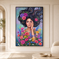 Vibrant Boho Woman & Flowers Canvas Print Wall Art, Expressive Modern Decor - Mockup Display 5