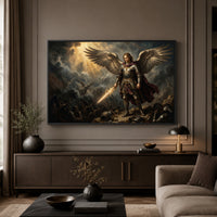 Archangel Michael Divine Battle Oil Painting Style Canvas Print Wall Art, Majestic - Mockup Display 5