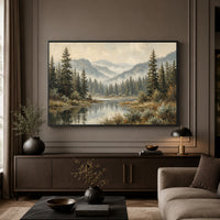 Serene Forest Lake Landscape Oil Painting Style Canvas Print Wall Art, Tranquil View - Mockup Display 5