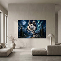 Majestic Husky Dog Oil Painting Style Moonlight Aurora Canvas Print Wall Art - Mockup Display 5