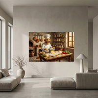 Golden Retriever Chef Pasta Oil Painting Style Canvas Print Wall Art Rustic Kitchen Decor - Mockup Display 5