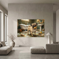 Pug Bathroom Stretched Canvas Wall Art, Humorous Dog Print, Vintage Powder Room Decor