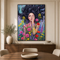 Mystic Woman Floral Canvas Print Wall Art with Flowing Hair, Vibrant Garden Style - Mockup Display 5