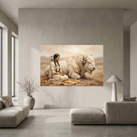 Native American Woman White Buffalo Oil Painting Style Canvas Print Wall Art, Serene Decor - Mockup Display 5
