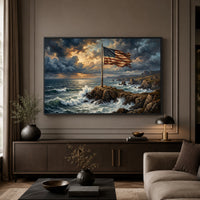 Dramatic American Flag on Rocky Coast Oil Painting Style Canvas Print Wall Art - Mockup Display 5