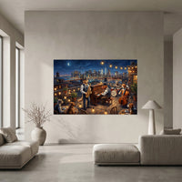 Rooftop Jazz Dogs NYC Skyline Oil Painting Style Canvas Print Wall Art for Urban Decor - Mockup Display 5
