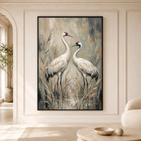 Elegant White Cranes Oil Painting Style Canvas Print Wall Art, Serene Decor - Mockup Display 5