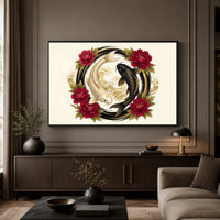 Golden and Black Koi Fish Peony Japanese Art Style Canvas Print Wall Art Decor - Mockup Display 5