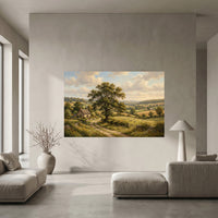 Countryside Landscape Stretched Canvas Wall Art, Cottage Meadow Print, Classic Living Room Decor