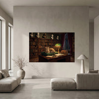 Tabby Cat in Scholarly Library Oil Painting Style Canvas Print Wall Art, Elegant Decor - Mockup Display 5
