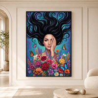 Vibrant Woman with Flowing Hair and Flowers Canvas Print Wall Art, Enchanting Decor - Mockup Display 5