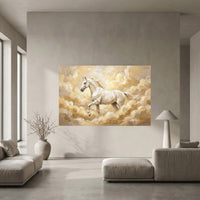 White Horse Galloping Oil Painting Style Canvas Print Wall Art, Golden Clouds - Mockup Display 5