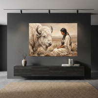 Native American Woman & White Bison Oil Painting Style Canvas Print Wall Art, Majestic - Mockup Display 5