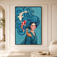 Vibrant Woman with Koi Fish Artistic Canvas Print Wall Art, Elegant Home Decor - Mockup Display 5